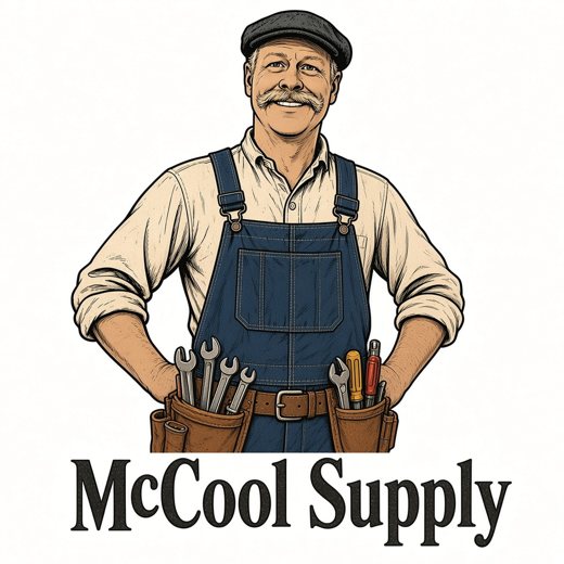 McCool Supply logo: a smiling tradesman in a flat cap and denim overalls with a tool belt