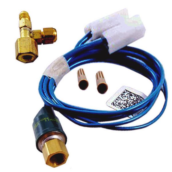 Low ambient kit: pressure switch with blue wire harness and plug, brass flare tee, and two wire nuts