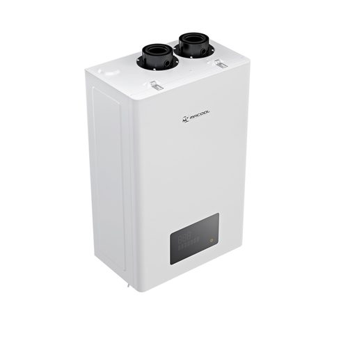 MRCOOL white wall-mounted tankless gas water heater with vent connections on top