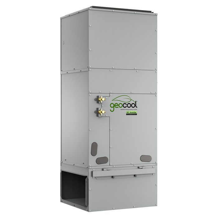 GeoCool split system assembled: blower module stacked on the side return filter plenum, with the compressor module beside it