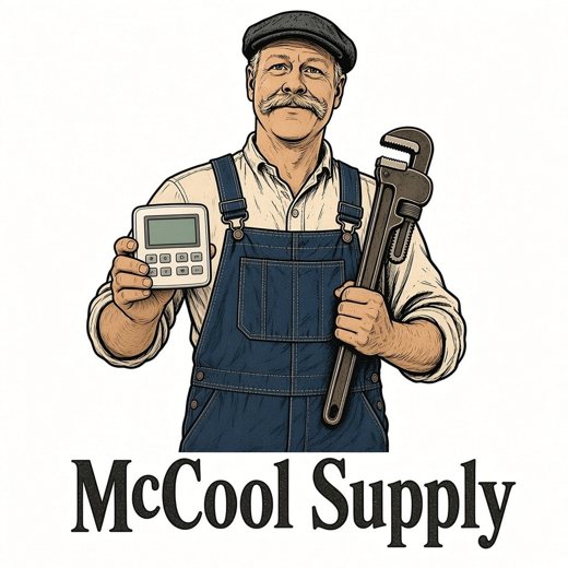 McCool Supply logo: a tradesman holding a thermostat and a pipe wrench