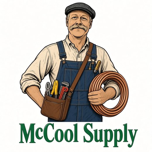 McCool Supply logo: a tradesman with a tool pouch and a coil of copper tubing