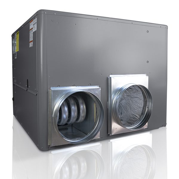 Signature package unit with square-to-round transitions installed on its side supply and return openings