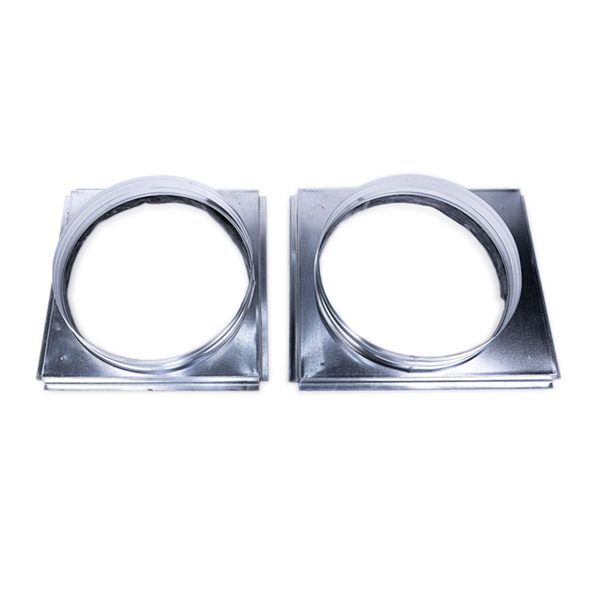 Two galvanized square-to-round duct transitions